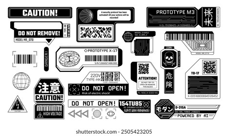 Schwarze Aufkleber für Cyberpunk. Futuristische Warnschilder und Prototypenschilder mit Barcode. Cyber-Vorsicht und Aufmerksamkeit digitalen Fehlermeldung Zeichen Vektor-Set.