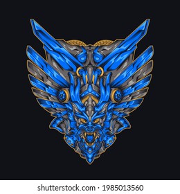 Cyberpunk Blue Dragon Wing Mecha Illustration. Blue Winged Dragon Badge Shirt Design with a Robot Theme