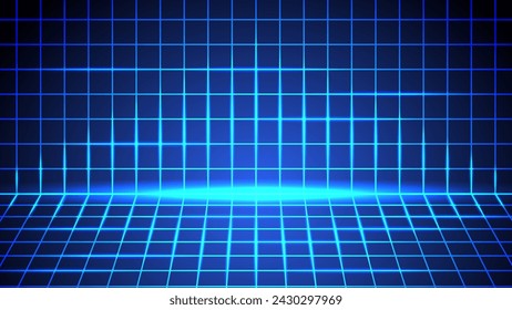 Cyberpunk blue neon grid background. Futuristic cyber wireframe 80s 90s style. 