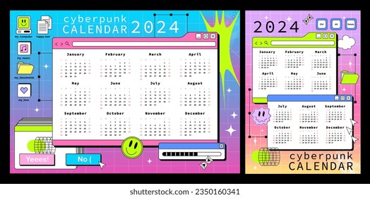 Cyberpunk calendar template for 2024. Horizontal and vertical calendar with windows of an old computer. Y2k and vaporwave