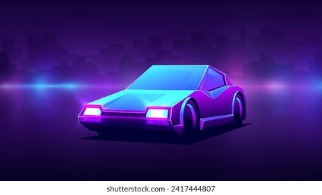 Cyberpunk car front view stands on a blurred background. Futuristic transport travels through the city at night.