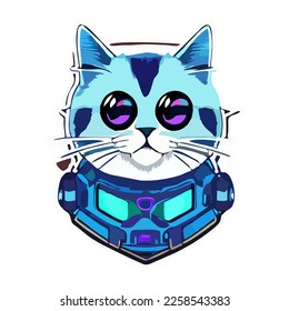 Cyberpunk Cat Sticker Design. Futuristic cat illustration on white background.
