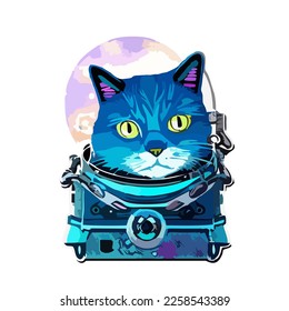 Cyberpunk Cat Sticker Design. Futuristic cat illustration on white background.