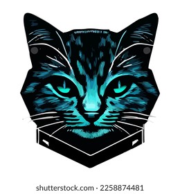 Cyberpunk Cat Sticker Design. Futuristic cat illustration on white background.
