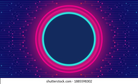 Plantilla de diseño de fondo de la placa de circuito de Cyberpunk. Resumen Ilustración de vectores de tecnología con anillo de neón en el medio. Concepto de diseño de transferencia de datos de rastreo PCB de Sci-Fi.