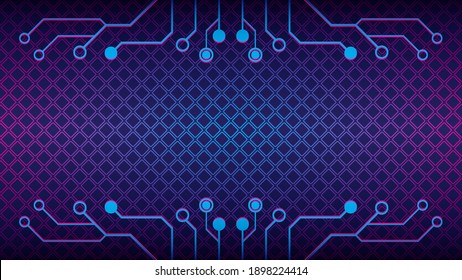 Cyberpunk Circuit With Diamond Geometric Pattern. Electronic Tree Shape Vector Illustration. Dystopian. Sci-Fi. Abstract Background Design Template. Blue Pink Purple Violet Gradient Color Theme.