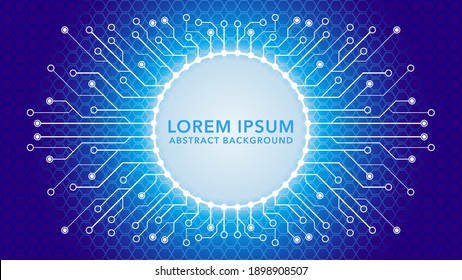 Cyberpunk Circuit With Hexagonal Geometric Pattern. Blue Lights Rounded with Electronic Tree Shape Vector Illustration. Dystopian Abstract Background Design Template. Blue and White Gradient Color 