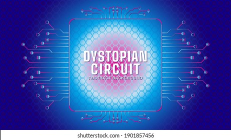 Cyberpunk Circuit With Hexagonal Geometric Pattern. Electronic Tree Shape with Square Frame Vector Illustration. Dystopian Abstract Background Design Template. Dark Blue Gradient Color Theme.