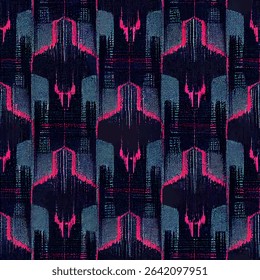 Cyberpunk cityscape in dark blue and pink. grunge lines ikat pattern, Zebra seamless pattern, Vector illustration background for print the paper.