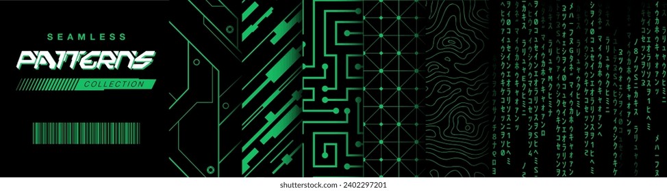 Cyberpunk Collection of Seamless Patterns. Glitch Effect, Motherboard, Integrated circuit, Contour Map, Decorative Mosaic from Future. Web materials