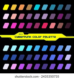 Cyberpunk color palette, futuristic combinations of colors and shades. Aesthetic Retro 80s and 90s color palette schemes.