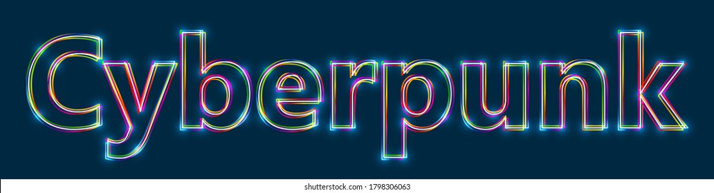 Cyberpunk - Colorful multi-layered outline word with glowing light effect on a blue background. EPS10 vector file