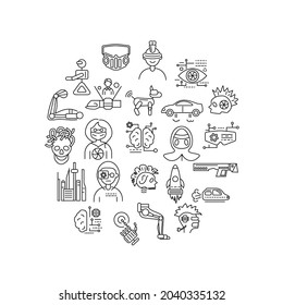 Cyberpunk concept circle layout with outline icons. Futuristic city. robots. Customizable symbols. Editable stroke. Isolated vector stock illustration