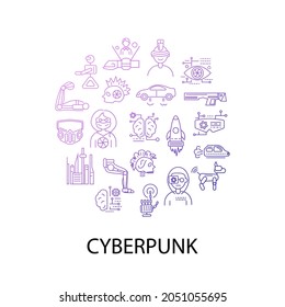 Cyberpunk concept circle layout with outline icons. Futuristic city. robots. Gradient linear purple contour symbols collection. Isolated vector stock illustration
