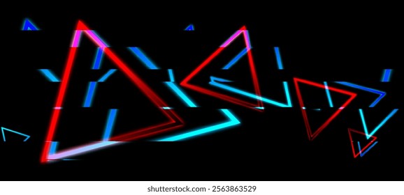 Cyberpunk concept. Overlapping red and blue triangles against a black background. Triangles appear to be in motion, creating a sense of energy and depth.