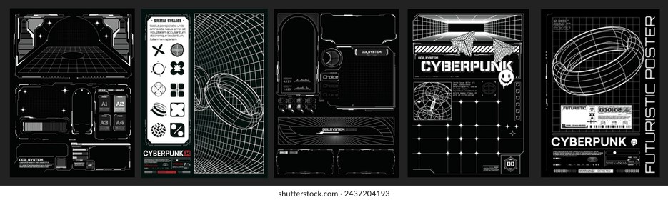 Cyberpunk Concept Posters with Futuristic UI Elements. A collection of black and white cyberpunk posters featuring futuristic user interface designs and digital graphics. Black and white retro poster.