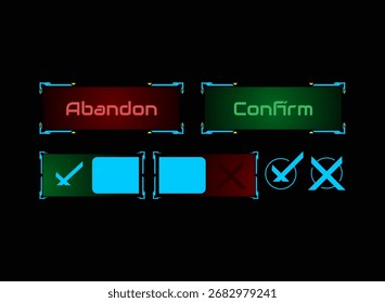 Cyberpunk Confirmar Cancelar Paquete de Botones Futuristic Neon Blue Green Red Sci Fi Game UI HUD Elementos para abandonar la elección del menú de decisión Superposición e interfaz digital moderna
