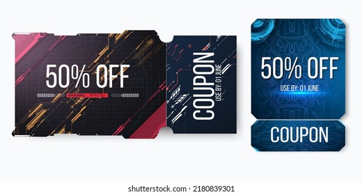 Cyberpunk coupon design. Futuristic, technological ticket template. Isolated modern coupon.Futuristic, technological ticket template. Isolated modern coupon. Vector illustration