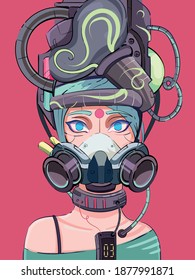 Cyberpunk cyborg girl in sci-fi style in a tech mask. Cyberpunk art illustration