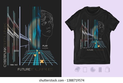 Cyberpunk. Dark future. Futuristic night city. Game art. Print for t-shirts and another, trendy apparel design 