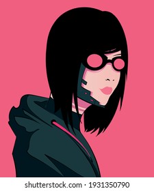 Cyberpunk dark-haired girl with glasses on pink background