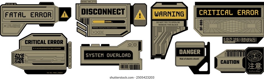 Plantillas de calcomanía Cyberpunk. Señales de advertencia de error crítico y fatal de alta tecnología, etiqueta engomada de la sobrecarga del sistema, desconexión digital y errores de precaución de peligro conjunto de Vector de ventana.