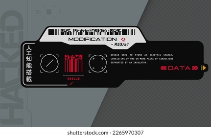 Cyberpunk decal. Vector sticker, label in futuristic style. Inscriptions and symbols, Japanese hieroglyphs for AI controlled, warning.