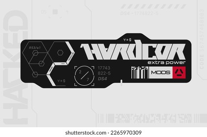 Ciberpunk decal. Pegatina vectorial, etiqueta de estilo futurista. Signos, inscripciones y símbolos de Sci fi.