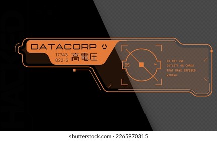 Cyberpunk decal. Vector sticker, label in futuristic style. Inscriptions and symbols, Japanese hieroglyphs for attention, high voltage.