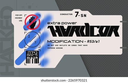 Cyberpunk decal. Vector sticker, label in futuristic style. Sci fi signs, inscriptions and symbols.