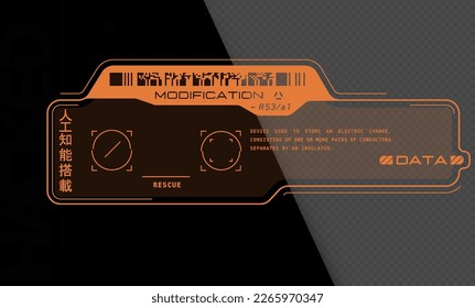 Cyberpunk decal. Vector sticker, label in futuristic style. Inscriptions and symbols, Japanese hieroglyphs for AI controlled, warning.