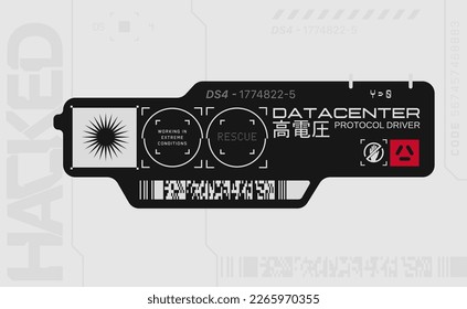 Cyberpunk decal. Vector sticker, label in futuristic style. Inscriptions and symbols, Japanese hieroglyphs for attention, high voltage.