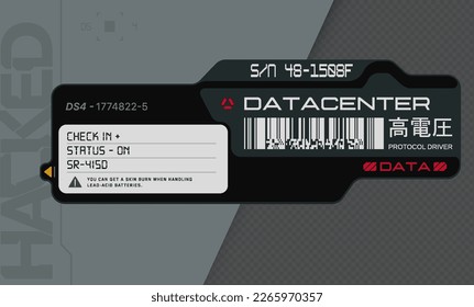 Cyberpunk decal. Vector sticker, label in futuristic style. Inscriptions and symbols, Japanese hieroglyphs for attention, high voltage.