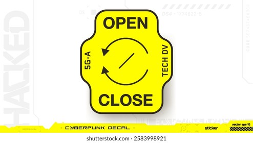 Cyberpunk decal. Vector sticker, label in futuristic style. Inscription Open, Close