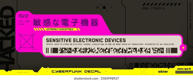 Cyberpunk decal. Vector sticker, label in futuristic style. Japanese hieroglyphs for Sensitive electronic device