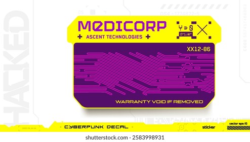 Cyberpunk decal. Vector sticker, label in futuristic style. Inscription Medicorp