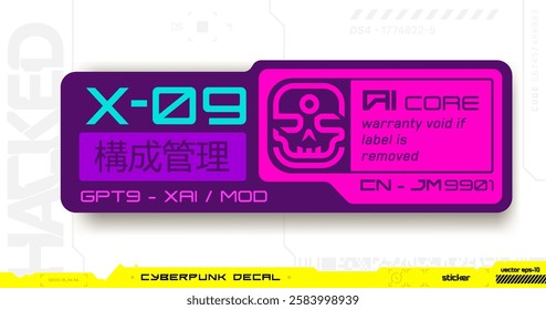 Cyberpunk decal. Vector sticker, label in futuristic style.  Japanese hieroglyphs for Configuration Management