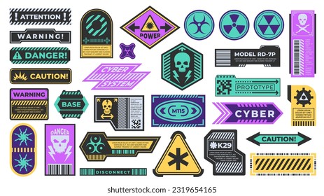 Ciberpunk decal. Etiqueta de advertencia para seguridad o advertencia, diseño de banda negra refuturista con atención industrial y señal de peligro. Conjunto aislado de vectores de la ilustración de diseño de peligro ciberpunk