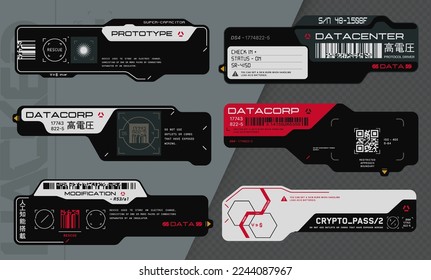 Cyberpunk decals set. SCIFI stickers and labels in futuristic style. Inscriptions and symbols, Japanese hieroglyphs for danger, attention, AI controlled, high voltage, warning.