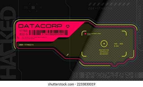 Cyberpunk-Decals-Set. Set von Aufklebern und Etiketten im futuristischen Stil. Inschriften und Symbole im Stil von Neofuturismus-Spielen. Interface HUD Elemente.