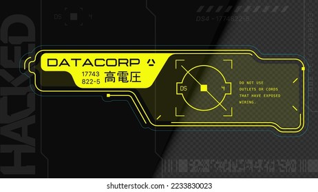 Cyberpunk decals set. Set of stickers and labels in futuristic style. Inscriptions and symbols, Japanese hieroglyphs for high voltage. Interface in the style of neo-futurism games. HUD elements.
