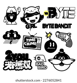 Cyberpunk decals set. Set of vector illustrations, stickers and labels in futuristic style. Japanese hieroglyphs for matchless.