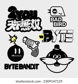 Cyberpunk decals set. Set of vector illustrations, stickers and labels in futuristic style. Japanese hieroglyphs for matchless.