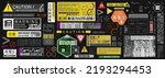 Cyberpunk decals set. Set of vector stickers and labels in futuristic style. Inscriptions and symbols, Japanese hieroglyphs for danger, attention, AI controlled, high voltage, warning.