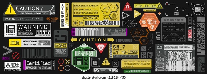 Cyberpunk decals set. Set of vector stickers and labels in futuristic style. Inscriptions and symbols, Japanese hieroglyphs for danger, attention, AI controlled, high voltage, warning.