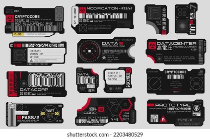 Cyberpunk decals set. Set of vector stickers and labels in futuristic style. Inscriptions and symbols, Japanese hieroglyphs for danger, attention, AI controlled, high voltage, warning.