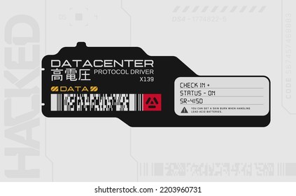 Cyberpunk decals set. Set of vector stickers and labels in futuristic style. Inscriptions and symbols, Japanese hieroglyphs for high voltage, warning.