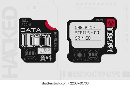 Cyberpunk decals set. Set of vector stickers and labels in futuristic style. Inscriptions and symbols, Japanese hieroglyphs for attention.