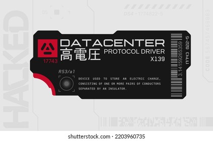Cyberpunk decals set. Set of vector stickers and labels in futuristic style. Inscriptions and symbols, Japanese hieroglyphs for AI controlled, warning.