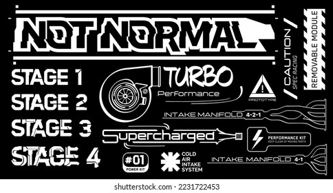Cyberpunk-Aufkleber und Etiketten mit Vektoraufklebern im futuristischen Stil. Inschriften und Symbole, nicht normal, Turboleistung, überladen, Ansaugkrümmer 4-2-1 vs 4-1, Spec-Rennen, Vorsicht, Bühne.